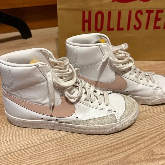 Nike White and Pink Leather High-Top Sneakers - Picture 1 of 14
